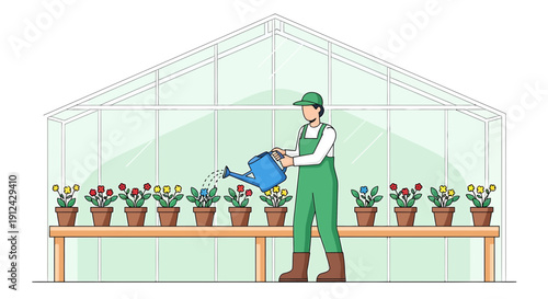 Gardener watering flowers in greenhouse, spring gardening, plant care, illustration