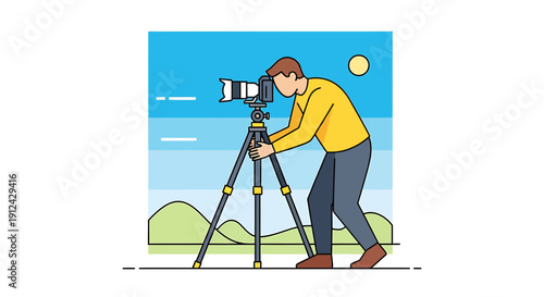 Man Photographer with Camera on Tripod Capturing Landscape Scene