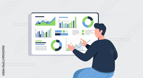 Man analyzing financial charts and data on a digital screen, business analytics concept