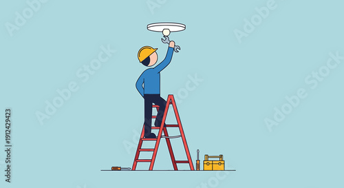 Maintenance worker on ladder fixing ceiling light with tools and toolbox