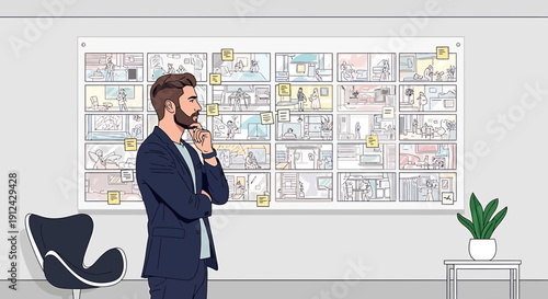 Man Thinking in Front of Storyboard