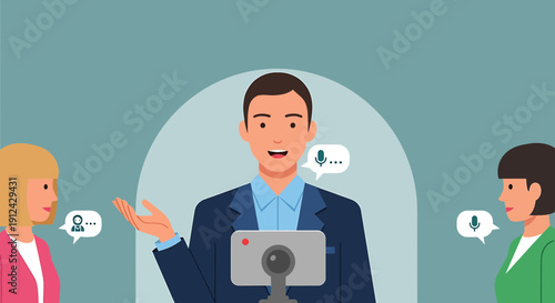 Man Speaking to Two Women Via Video Conference