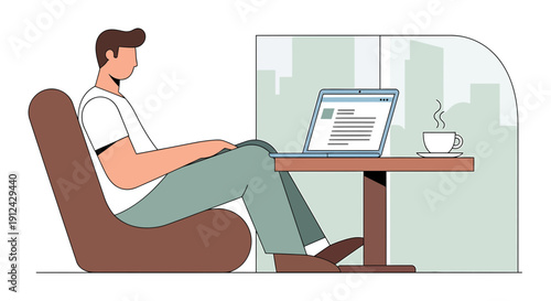 Man Working on Laptop in Modern Cafe with City View