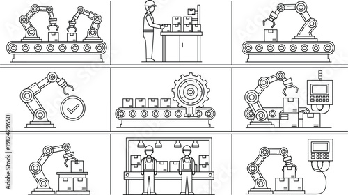 Black-and-white line drawing of automated manufacturing and packaging process, featuring robotic arms, conveyor belts, and human workers in industrial production scenes.