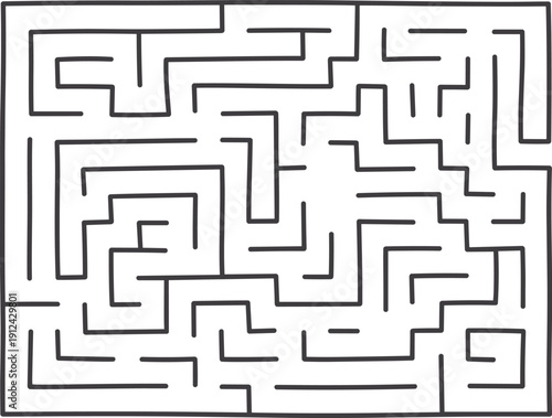 Black-and-white rectangular maze with complex paths and dead ends, ideal for puzzle design, brain games, and spatial reasoning illustrations.