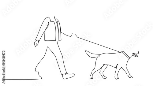Self drawing continuous one line animation of woman and dog walking drawn. Female legs with high heels and Doberman pincher one line art. 4K, video