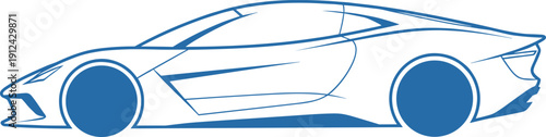Blue outline modern sports car illustration, sleek supercar side profile vector isolated on white background, high performance automotive design concept