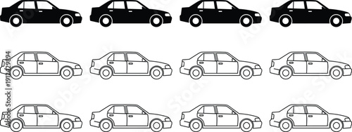 Car silhouette and outline set collection, sedan vehicle side view vector icons isolated on white background, automotive design illustration