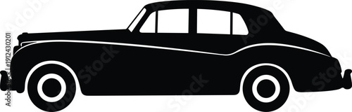 Black silhouette of vintage classic luxury car side view, retro automobile vector illustration isolated on white background, timeless elegant transportation design