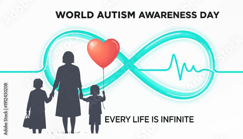 Autism Awareness: Family silhouette with heart balloon and infinity symbol