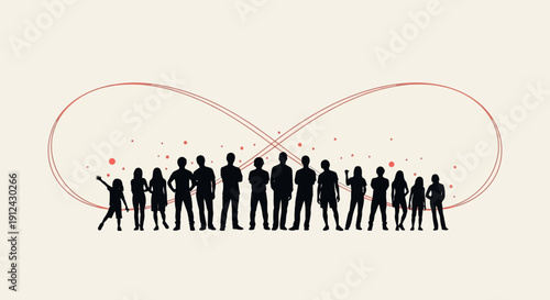 Diverse people silhouettes against infinity symbol and confetti, unity concept