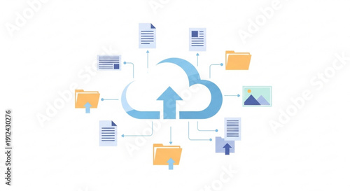 Cloud storage concept with files and documents syncing to a central cloud icon representing data backup and online storage solutions for business and personal use