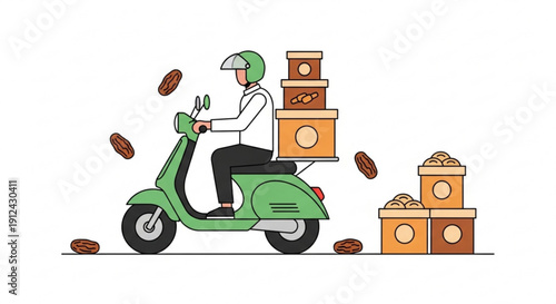 Food delivery rider on green scooter with coffee beans and boxes online ordering concept