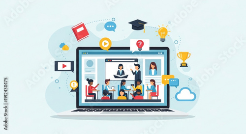 Online learning and education concept with laptop and students on screen surrounded by icons