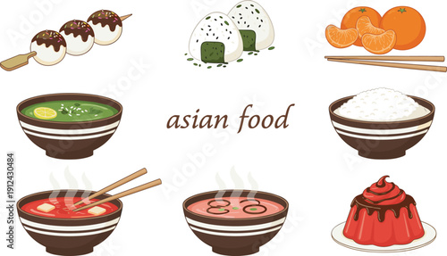 Japanese Onigiri Rice Balls, Dango Dessert Skewers, Miso Soup Bowls, and Steamed Rice Vector Icons