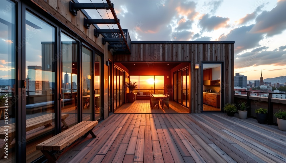 Fototapeta premium Sunset View From Urban Rooftop Terrace with Rustic Charm