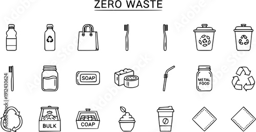 Zero Waste Icons: Sustainable Lifestyle, Eco-Friendly Living, Recycling, and Reusable Products Collection