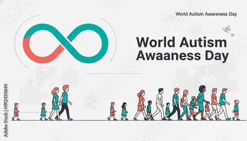 World Autism Awareness Day concept with infinity symbol and diverse people walking