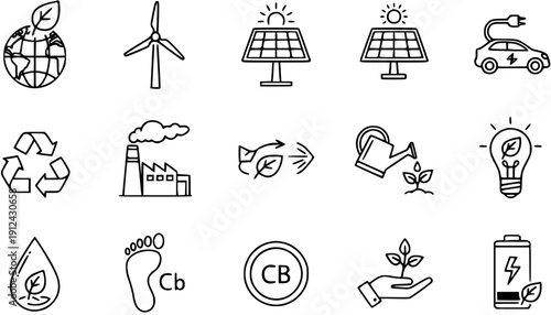Eco-friendly and Renewable Energy Line Icons Set. Sustainable Lifestyle, Environmental Protection, and Green Technology Vector Symbols Collection.