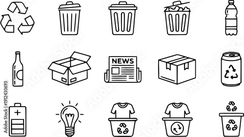 Recycling, Waste  Trash Icons Set: Ecology, Sustainability, Environment Management Line Pictograms for Sorting Plastic, Glass, Paper  Metal