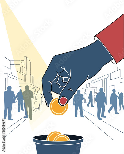 Hand Dropping Coin into Donation Bucket in Busy Urban Environment Illustration