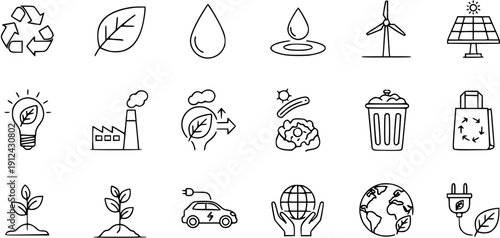Eco-friendly concept icons: renewable energy, sustainability, nature, recycling, and green living