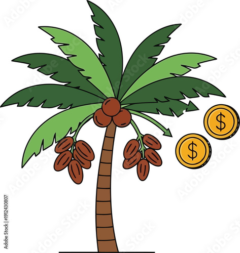 Money Tree Concept: Tropical Palm Tree with Coins and Wealth Symbolism