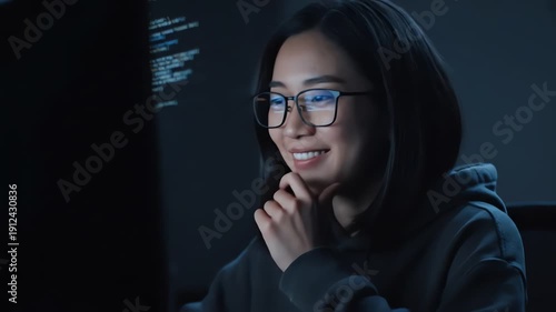 Close-up portrait of a young woman wearing glasses and a hoodie, sitting in a dark room with computer code on a screen, looking thoughtful.
