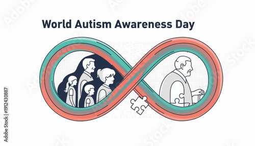 World Autism Awareness Day: Infinity Symbol with Diverse Family & Puzzle Piece