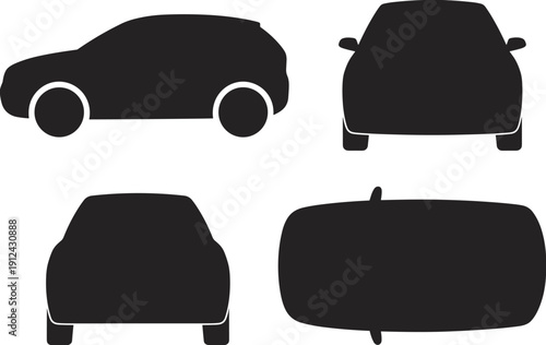 Collection, of, black, automotive, vehicle, silhouettes, featuring, suv, car, side, front, back, top, view, icons, set, isolated, transport, vector, illustration, design, elements, symbols, icons