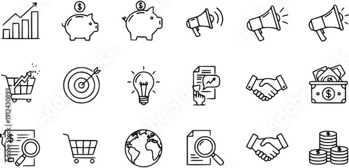 Business and Finance Icons: Growth, Savings, Marketing, E-commerce, Ideas, Deals, Global, Research  More