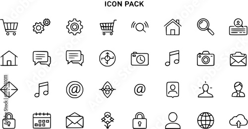 Universal Line Icon Pack: Shopping, Settings, Home, Mail, Camera, Calendar, Security, and User Profile Basic Outline Symbols Collection for UIUX Design.