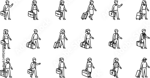 Business Travel and Vacation Journey People Outline Icons Set. Men and Women with Suitcases, Briefcases, Duffel Bags, and Rolling Luggage - Line Art Illustration