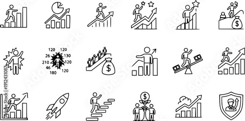 Business Growth and Success Line Icons Set. Financial Achievement, Career Progression, Development  Performance Outline Vector Graphics