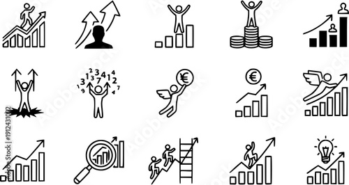 Set of Outline Vector Icons Depicting Business Growth, Financial Success, Personal Achievement, and Development Concepts