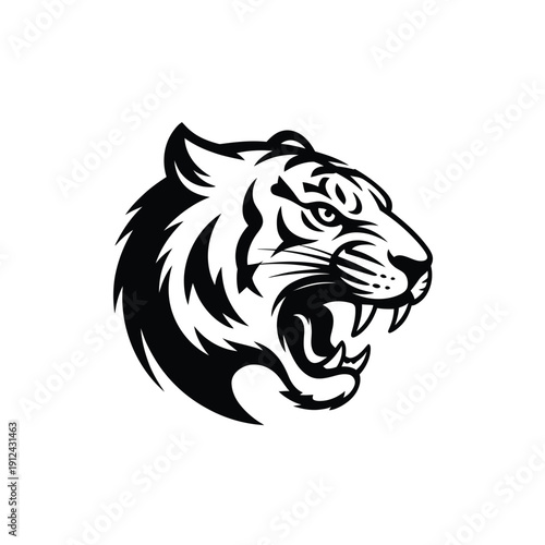 A striking black and white illustration of a fierce tiger s head