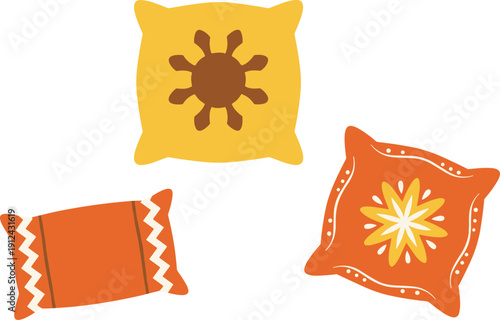 Colorful Throw Cushions with Sun and Starburst Patterns, Geometric Tribal Embroidery for Home Decor Vector Illustration