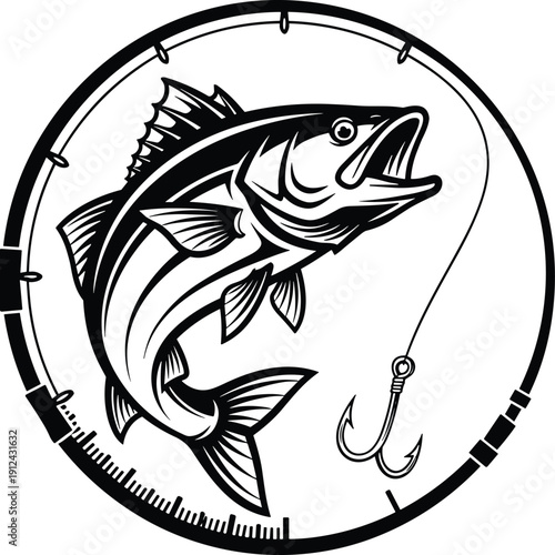 Leaping bass fish inside circular frame with hook, sport fishing vector illustration for outdoor, angling, aquatic, recreational themes