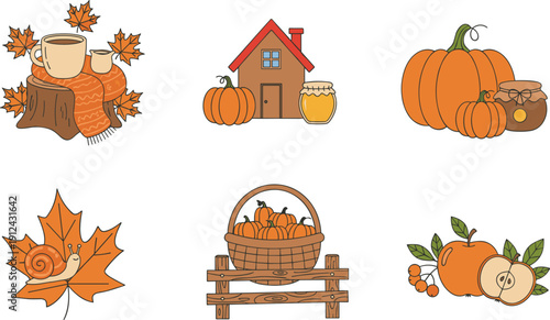 Cozy Fall Elements with Pumpkins, Maple Leaves, Apple Cider, and Rustic Farmhouse Decor Vector Icons
