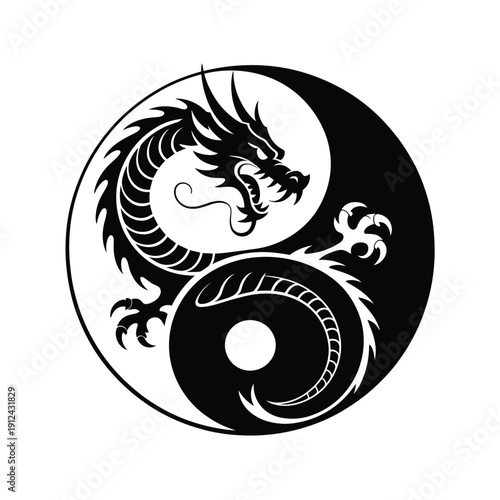 A black dragon coiled within a yin and yang symbol displaying balance