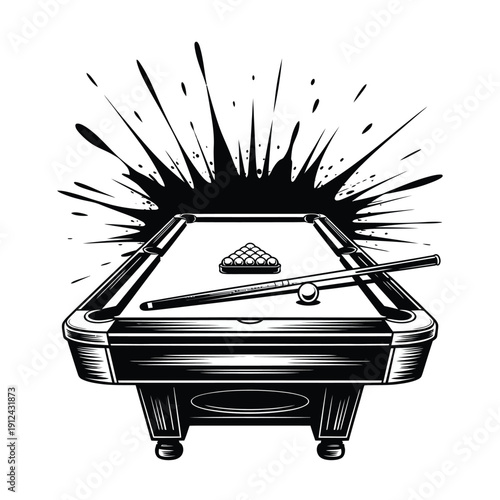 Dramatic illustration of a pool table with a breaking cue ball impact