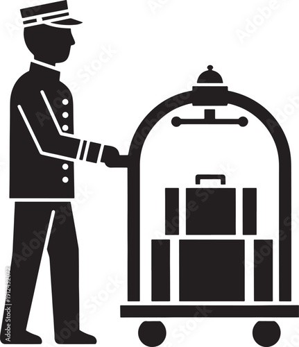 Black and white of a bellhop pushing a luggage cart with a suitcase line silhouette