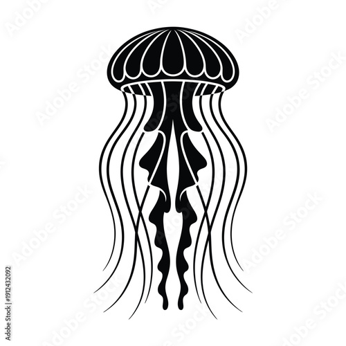 Simple black and white illustration of a jellyfish with flowing tentacles