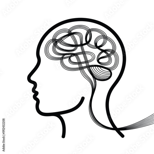 Abstract illustration of a human head with swirling lines representing thought