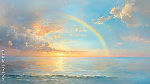 Colorful sunrise/sunset over calm ocean with rainbow