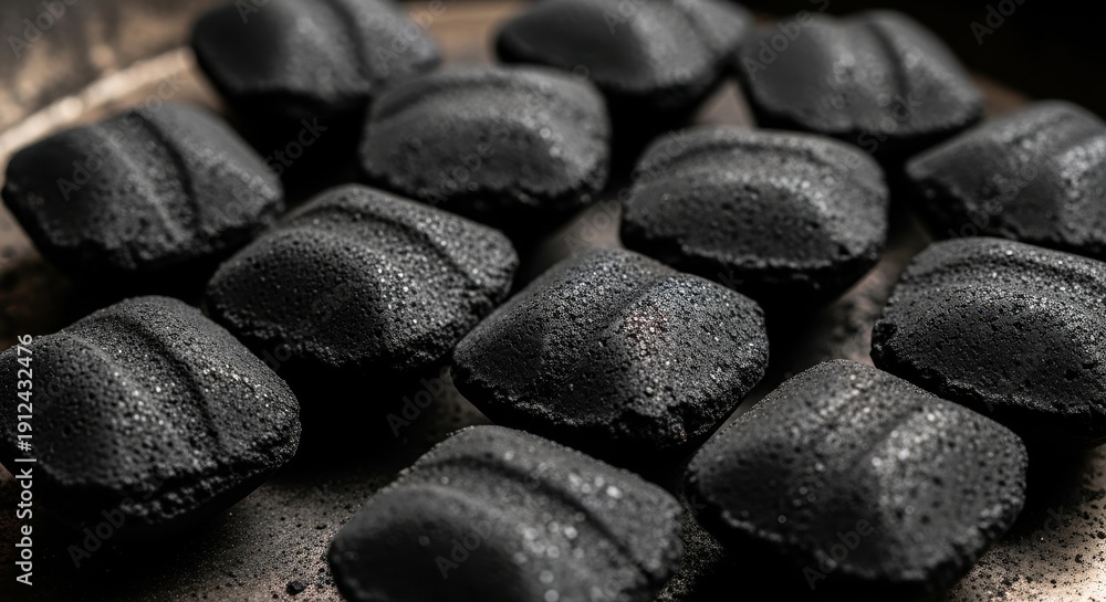 Fototapeta premium Close-up of Charcoal Briquettes Ready for Grilling and Barbecuing.