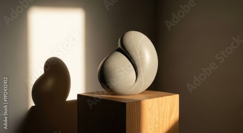 Smoothly contoured stone abstract form rests upon a wooden pedestal bathed in dramatic directional sunlight.