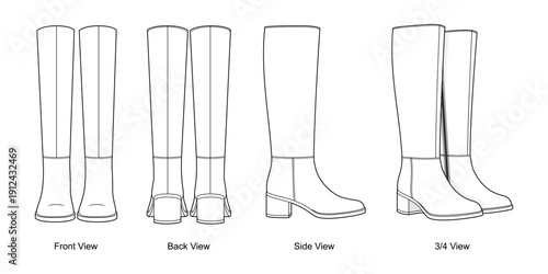 Classic Knee-High Boots Technical Fashion Illustration. Tall Low Block Heel Boot with Multi-View CAD Vector Template.