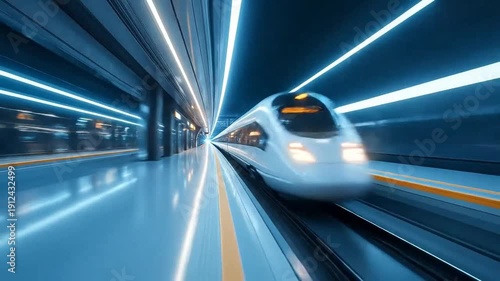 Futuristic high-speed train moving through a tunnel with glowing lights, showcasing modern transportation.