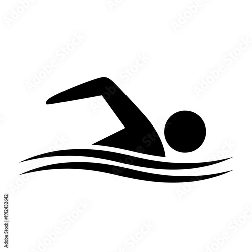 Black Silhouette of Swimmer Over Stylized Blue Waves